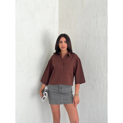 Crop Yakalı Gömlek Üç Çeyrek Sleeve Kol - Kahverengi Crop Yakalı Gömlek Üç Çeyrek Sleeve Kol - Kahverengi