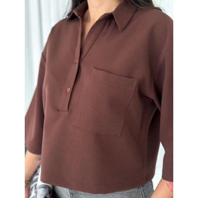 Crop Yakalı Gömlek Üç Çeyrek Sleeve Kol - Kahverengi Crop Yakalı Gömlek Üç Çeyrek Sleeve Kol - Kahverengi