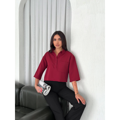Crop Yakalı Gömlek Üç Çeyrek Sleeve Kol - Bordo Crop Yakalı Gömlek Üç Çeyrek Sleeve Kol - Bordo