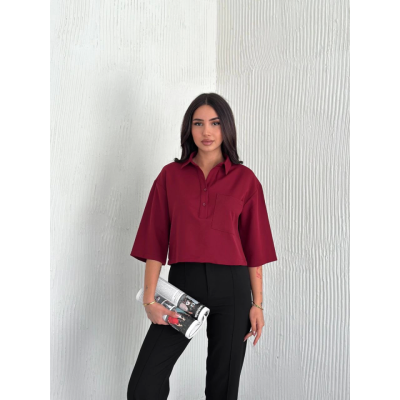 Crop Yakalı Gömlek Üç Çeyrek Sleeve Kol - Bordo Crop Yakalı Gömlek Üç Çeyrek Sleeve Kol - Bordo