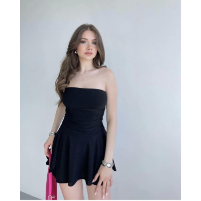 Straplez Sandy Kumaş Şortlu Prenses Etek Mini Klos Elbise- Siyah Straplez Sandy Kumaş Şortlu Prenses Etek Mini Klos Elbise- Siyah