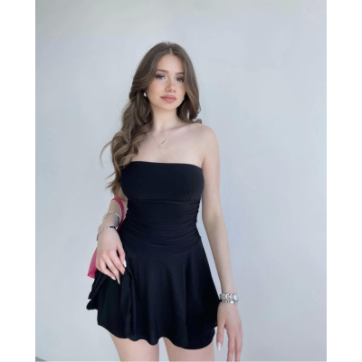 Straplez Sandy Kumaş Şortlu Prenses Etek Mini Klos Elbise- Siyah Straplez Sandy Kumaş Şortlu Prenses Etek Mini Klos Elbise- Siyah