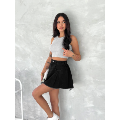 Şık Pileli Yazlık Mini Etekli Kot- Siyah Şık Pileli Yazlık Mini Etekli Kot- Siyah
