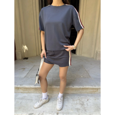 Osy Modal Yumuşak Dokulu Kumaş Parçalı Bisiklet Yaka T-shirt Mini Şortlu Etek İkili Takım - Füme Osy Modal Yumuşak Dokulu Kumaş Parçalı Bisiklet Yaka T-shirt Mini Şortlu Etek İkili Takım - Füme