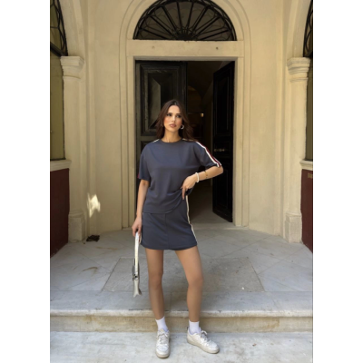 Osy Modal Yumuşak Dokulu Kumaş Parçalı Bisiklet Yaka T-shirt Mini Şortlu Etek İkili Takım - Füme Osy Modal Yumuşak Dokulu Kumaş Parçalı Bisiklet Yaka T-shirt Mini Şortlu Etek İkili Takım - Füme