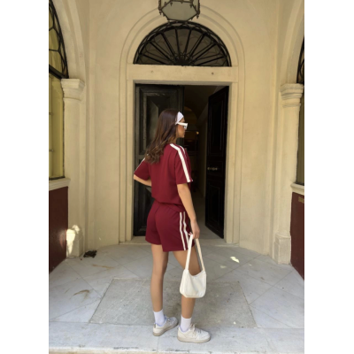 Osy Modal Yumuşak Dokulu Kumaş Parçalı Bisiklet Yaka T-shirt Mini Şortlu Etek İkili Takım -Bordo Osy Modal Yumuşak Dokulu Kumaş Parçalı Bisiklet Yaka T-shirt Mini Şortlu Etek İkili Takım -Bordo