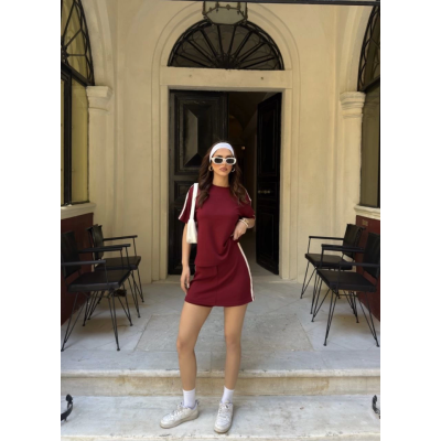 Osy Modal Yumuşak Dokulu Kumaş Parçalı Bisiklet Yaka T-shirt Mini Şortlu Etek İkili Takım -Bordo Osy Modal Yumuşak Dokulu Kumaş Parçalı Bisiklet Yaka T-shirt Mini Şortlu Etek İkili Takım -Bordo