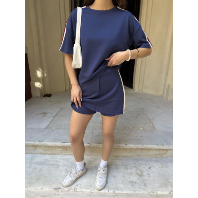 Osy Modal Yumuşak Dokulu Kumaş Parçalı Bisiklet Yaka T-shirt Mini Şortlu Etek İkili Takım -Lacivert Osy Modal Yumuşak Dokulu Kumaş Parçalı Bisiklet Yaka T-shirt Mini Şortlu Etek İkili Takım -Lacivert