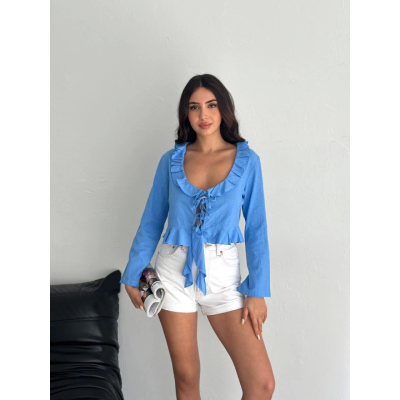 Keten Uzun Kol Bağacık Detaylı Bluz - Mavi Keten Uzun Kol Bağacık Detaylı Bluz - Mavi