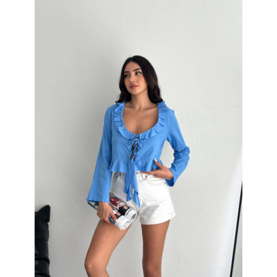 Keten Uzun Kol Bağacık Detaylı Bluz - Mavi Keten Uzun Kol Bağacık Detaylı Bluz - Mavi