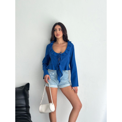 Keten Uzun Kol Bağacık Detaylı Bluz - Lacivert Keten Uzun Kol Bağacık Detaylı Bluz - Lacivert