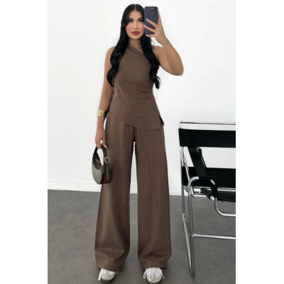 Keten Asimetrik Tek Omuzlu Bluz Pantalon Takım- Kahverengi Keten Asimetrik Tek Omuzlu Bluz Pantalon Takım- Kahverengi