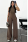 Keten Asimetrik Tek Omuzlu Bluz Pantalon Takım- Kahverengi Keten Asimetrik Tek Omuzlu Bluz Pantalon Takım- Kahverengi