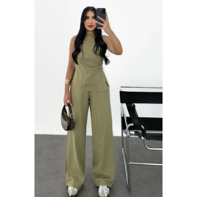 Keten Asimetrik Tek Omuzlu Bluz Pantalon Takım- Su Yeşili Keten Asimetrik Tek Omuzlu Bluz Pantalon Takım- Su Yeşili