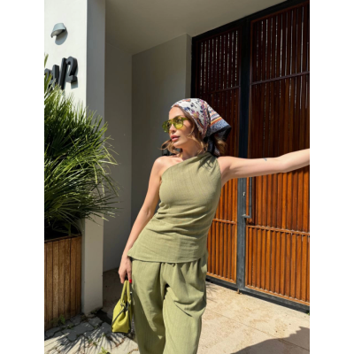 Keten Asimetrik Tek Omuzlu Bluz Pantalon Takım- Su Yeşili Keten Asimetrik Tek Omuzlu Bluz Pantalon Takım- Su Yeşili