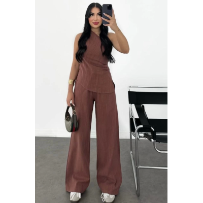 Keten Asimetrik Tek Omuzlu Bluz Pantalon Takım- Bordo Keten Asimetrik Tek Omuzlu Bluz Pantalon Takım- Bordo