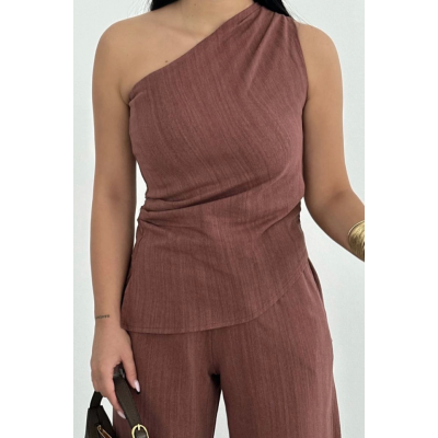 Keten Asimetrik Tek Omuzlu Bluz Pantalon Takım- Bordo Keten Asimetrik Tek Omuzlu Bluz Pantalon Takım- Bordo